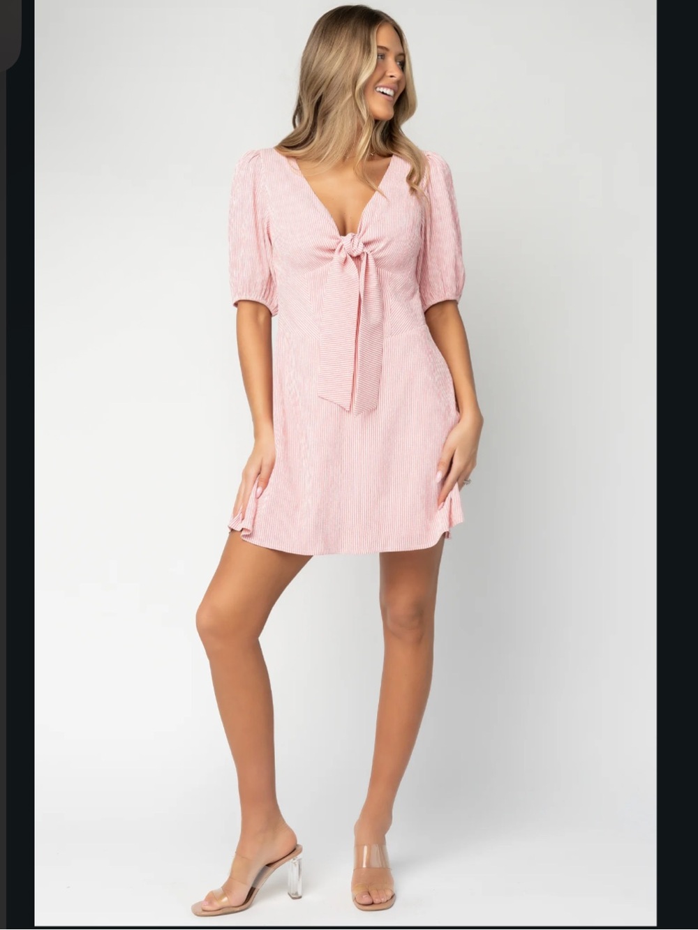 Ginger Tie Short Dress Tie-Front Pink Stripe Short Sleeve Mini Dress